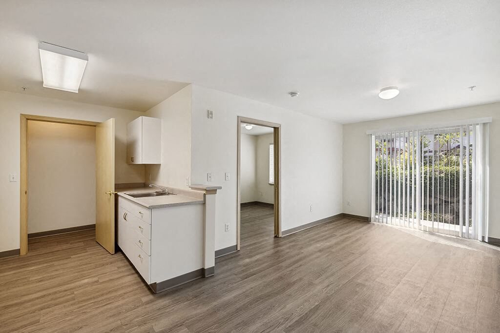 Kitchen and Living Room at Ballinger Court Senior Apartments in Edmonds WA